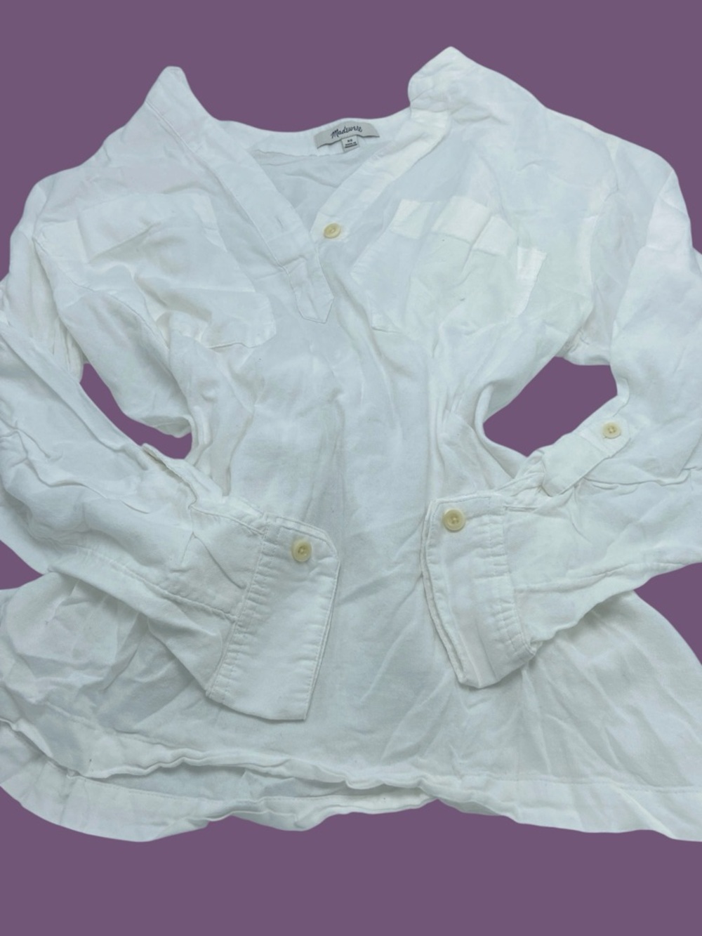 Madewell white long-sleeve V-neck blouse with roll-tab sleeves & button-up front